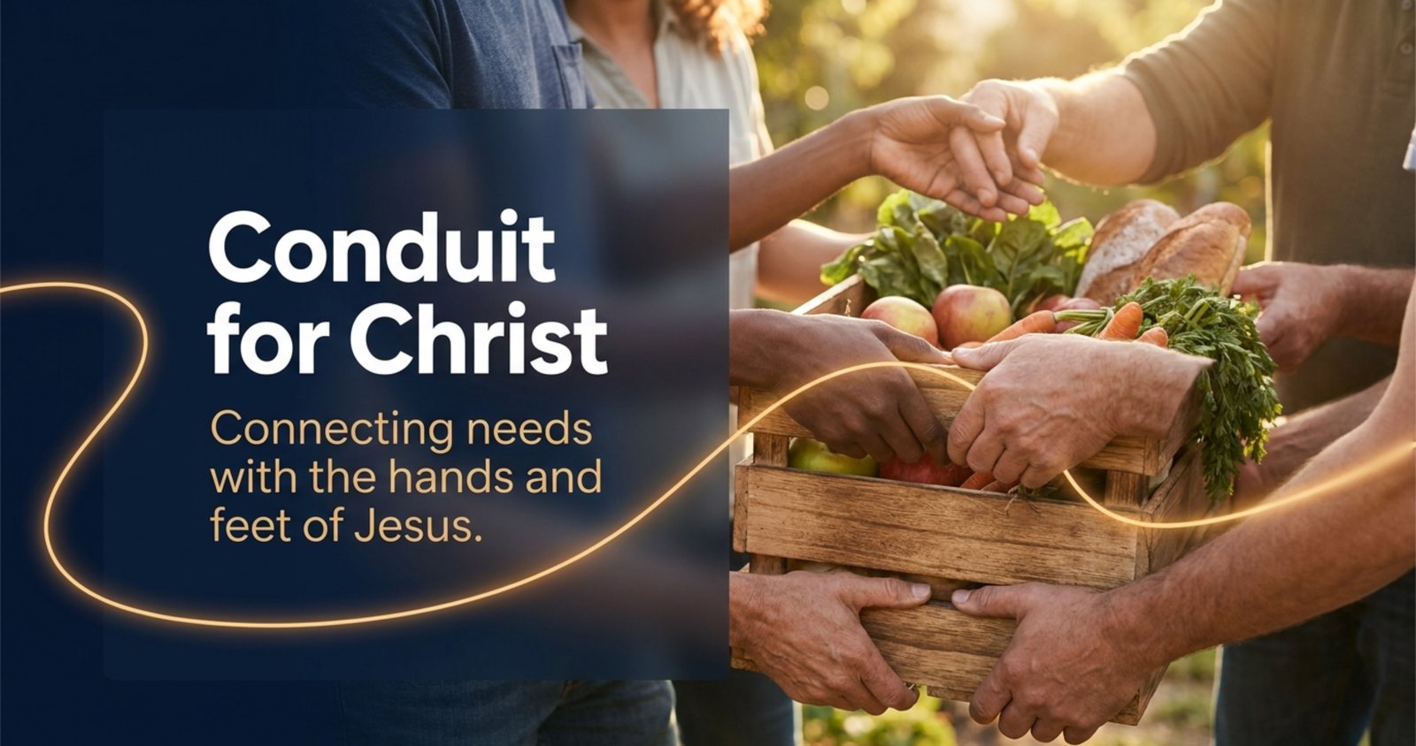 Conduit for Christ vision image showing people sharing food and the tagline connecting needs with the hands and feet of Jesus